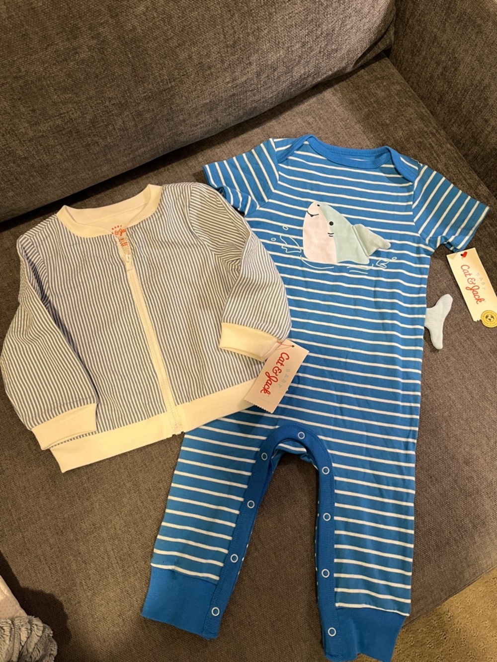 Cat & Jack Blue Striped Shark onesie with white and blue striped Zip Jacket